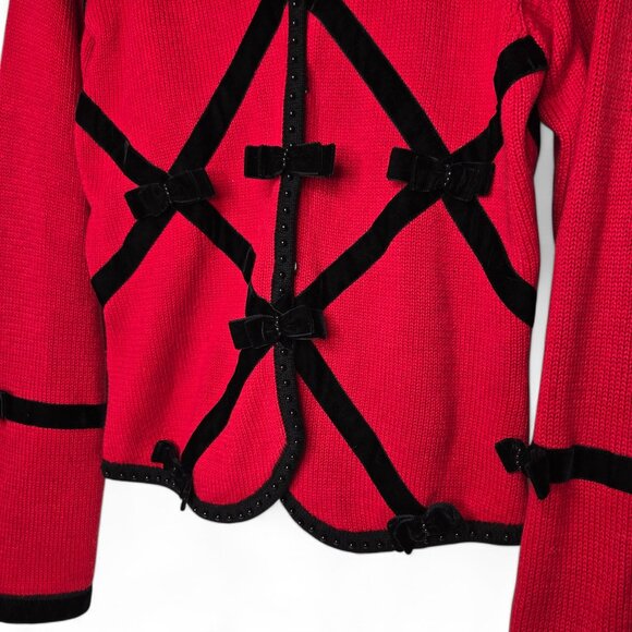 Vintage Lisa Nichols Knitted Cardigan Women's Velvet Strip Beaded Bow Accents M - Picture 3 of 6